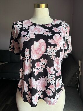 Jaclyn Smith Black Tee with Pink Floral Print